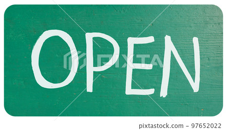 Handwritten open sign on storefront, paint on wood transparent P Handwritten open sign on storefront, paint on wood transparent P 97652022