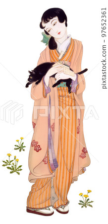 Taisho Roman When the dandelions bloom A girl hugging a black cat and reading a letter 97652361