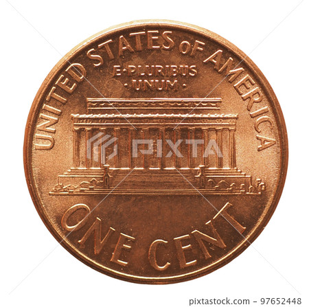 1 cent coin, reverse showing Lincoln memorial, currency of the U 1 cent coin, reverse showing Lincoln memorial, currency of the U 97652448
