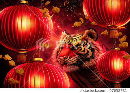 Tiger against the background of fireworks and paper lanterns as a symbol of the Chinese New Year 97652781
