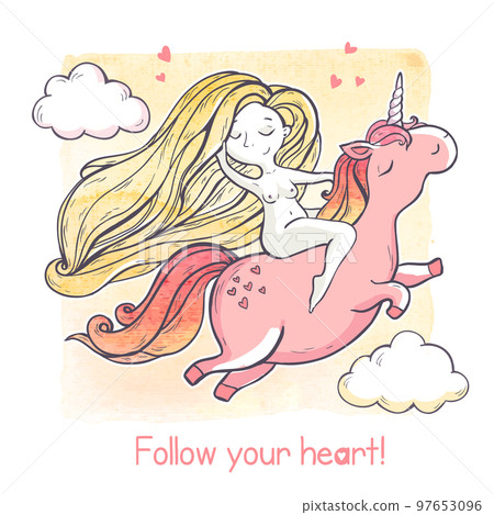 Girl and cartoon magic unicorn. 97653096