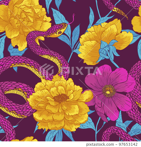 Pattern with snake and flowers. 97653142