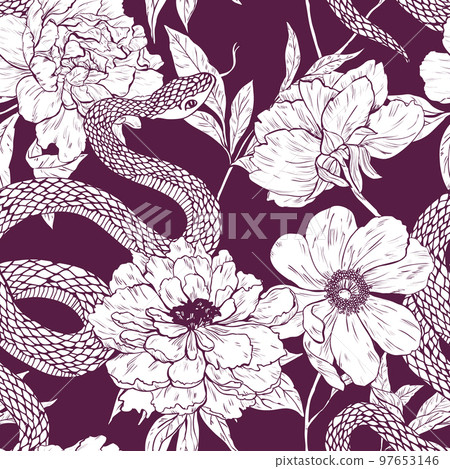 Pattern with snake and flowers. 97653146