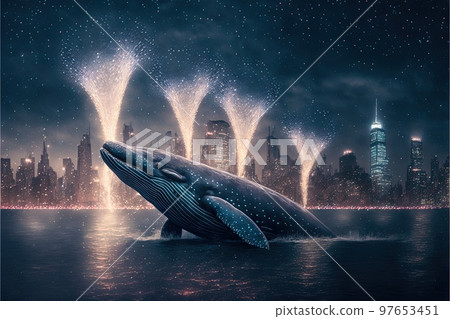 whales breaching celebrating new year eve in new york fireworks in the sky illustration generative Ai whales breaching celebrating new year eve in new york fireworks in the sky illustration generative Ai 97653451