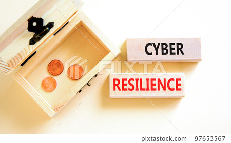 Cyber resilience symbol. Concept word Cyber resilience typed on wooden blocks. Beautiful white table white background. Wooden chest with coins. Business and cyber resilience concept. Copy space. 97653567