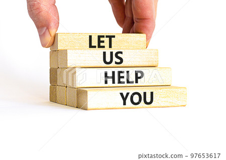 Support and let us help you symbol. Concept words Let us help you on wooden blocks on a beautiful white table white background. Businessman hand. Business, support and let us help you concept. Support and let us help you symbol. Concept words Let us help you on wooden blocks on a beautiful white table white background. Businessman hand. Business, support and let us help you concept. 97653617