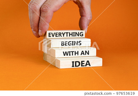Everything begins with an idea symbol. Concept word Everything begins with an idea on wooden blocks. Beautiful orange background. Business everything begins with an idea concept. Copy space Everything begins with an idea symbol. Concept word Everything begins with an idea on wooden blocks. Beautiful orange background. Business everything begins with an idea concept. Copy space 97653619