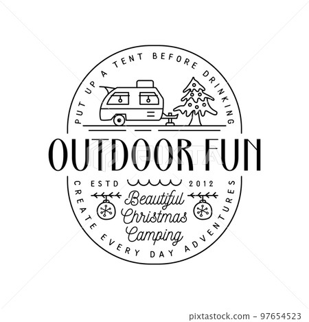 Camping christmas badge design with RV trailer in line art style and quote - Outdoor fun. Travel logo graphics. Stock label Camping christmas badge design with RV trailer in line art style and quote - Outdoor fun. Travel logo graphics. Stock label 97654523