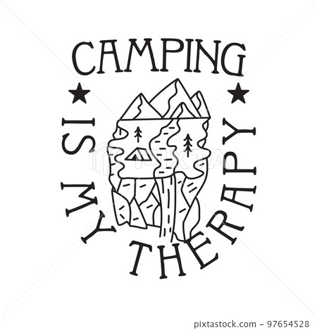 Camping T Shirt Design in minimalist Line Art Style with Quote - Camp is my therapy. Travel linear Emblem. Hiking Silhouette Label. Stock Badge Camping T Shirt Design in minimalist Line Art Style with Quote - Camp is my therapy. Travel linear Emblem. Hiking Silhouette Label. Stock Badge 97654528