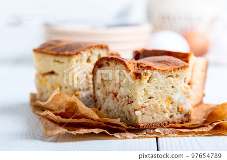 Pieces of pie casserole close-up. Pieces of pie casserole close-up. 97654789