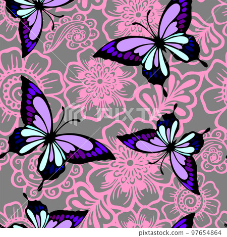 seamless pink gray floral graphic pattern with purple butterflies, texture, design 97654864