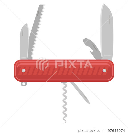 Multipurpose Folding Knife Icon Isolated on White Background. Multi Tool for Camping. Red Multifunctional Army Item 97655074