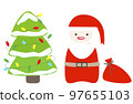 Christmas simple vector. Green Christmasr tree with snow and garland and Santa Claus with red bag 97655103