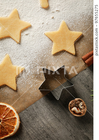 Concept of cooking tools, cookie cutters, top view 97655275