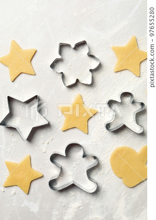 Concept of cooking tools, cookie cutters, top view 97655280