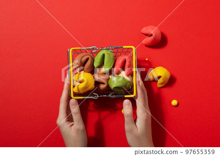 Chinese fortune cookies with prediction words, top view Chinese fortune cookies with prediction words, top view 97655359