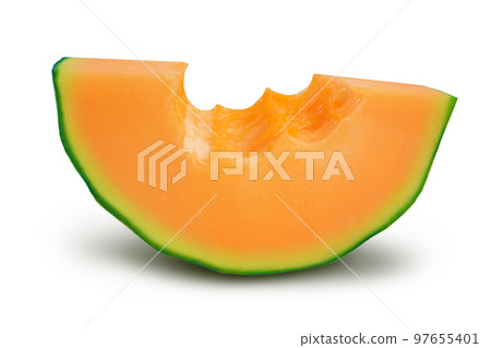 Cantaloupe melon piece isolated on white background with full depth of field. Cantaloupe melon piece isolated on white background with full depth of field. 97655401