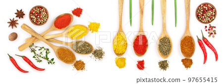 mix of spices in wooden spoon isolated on a white background. Top view. Flat lay. Set or collection mix of spices in wooden spoon isolated on a white background. Top view. Flat lay. Set or collection 97655415