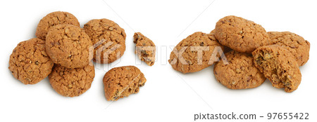 oatmeal cookies with flax, pumpkin and sunflower seeds isolated on white background with full depth of field. Top view. Flat lay oatmeal cookies with flax, pumpkin and sunflower seeds isolated on white background with full depth of field. Top view. Flat lay 97655422