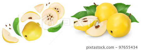 Fresh quince with half and slices isolated on the white background with full depth of field. Top view. Flat lay Fresh quince with half and slices isolated on the white background with full depth of field. Top view. Flat lay 97655434