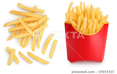 French fries or fried potatoes isolated on white background . Top view with copy space for your text. Flat lay French fries or fried potatoes isolated on white background . Top view with copy space for your text. Flat lay 97655435