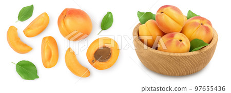 apricot fruit with half and slices isolated on white background. Clipping path. Top view. Flat lay apricot fruit with half and slices isolated on white background. Clipping path. Top view. Flat lay 97655436