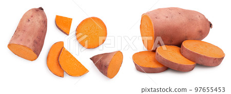 Sweet potato isolated on white background closeup. Top view. Flat lay. Sweet potato isolated on white background closeup. Top view. Flat lay. 97655453