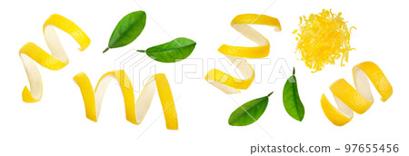 Lemon peel with leaf isolated on white background without a shadow. Healthy food Lemon peel with leaf isolated on white background without a shadow. Healthy food 97655456