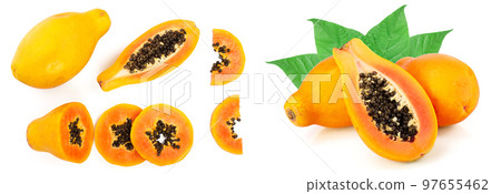ripe papaya and slice isolated on a white background. Top view. Flat lay 97655462