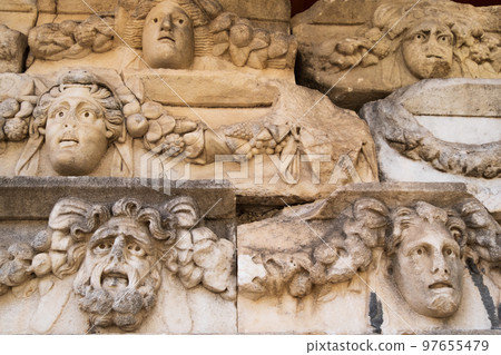 Sculpted Greek mask recovered from the ruins of the theater of Aphrodisias ancient city Aydin, Turkey 97655479