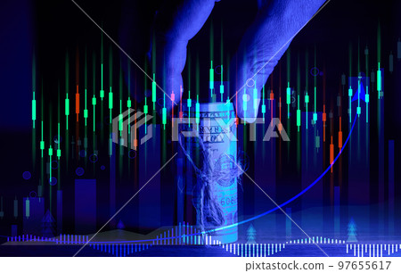 A hand holds a roll of one hundred dollar bills tied with a rope and a graph with rising rates. Income growth concept A hand holds a roll of one hundred dollar bills tied with a rope and a graph with rising rates. Income growth concept 97655617