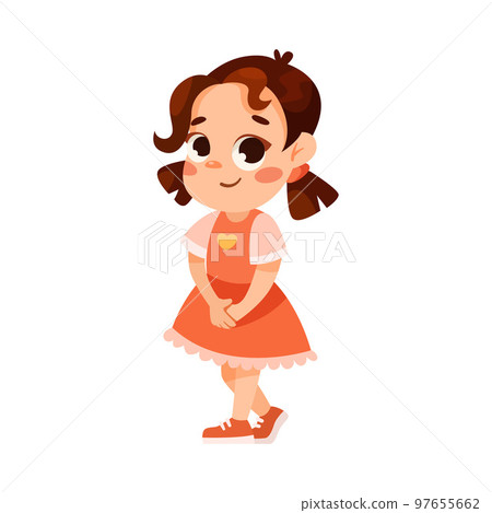 Funny Little Girl in Red Dress Expressing Emotion of Shyness Vector Illustration 97655662