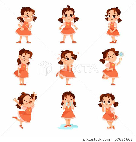 Funny Little Girl in Red Dress Expressing Different Emotion Vector Set Funny Little Girl in Red Dress Expressing Different Emotion Vector Set 97655665