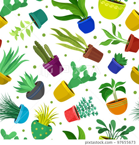 Houseplant Seamless Pattern Design with Plants Growing in Ceramic Pots Vector Template 97655673