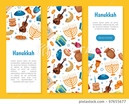 Happy Hanukkah Banner with Traditional Jewish Symbols Vector Template Happy Hanukkah Banner with Traditional Jewish Symbols Vector Template 97655677