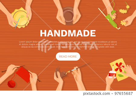 Handmade Hobby and Creative Art Workshop with Hands Doing Craft Above Vector Template 97655687