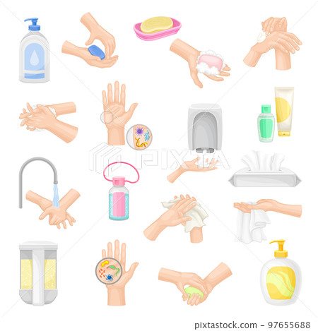 Hands Hygiene with Washing with Soap and Rubbing with Wipe Vector Set 97655688