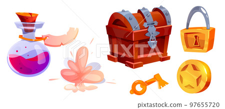 Game Items and Objects with Chest, Key, Coin, Lock and Potion Jar Vector Set 97655720