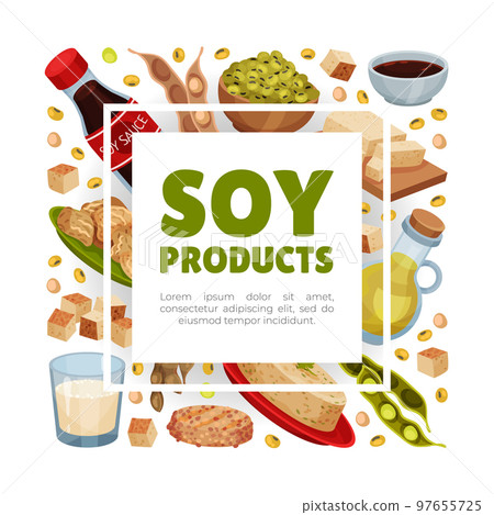 Natural Soy Products Banner Design with Soy Bean, Tofu and Sauce Vector Template Natural Soy Products Banner Design with Soy Bean, Tofu and Sauce Vector Template 97655725