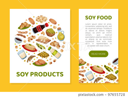 Natural Soy Products Banner Design with Soy Bean, Tofu and Sauce Vector Template 97655728