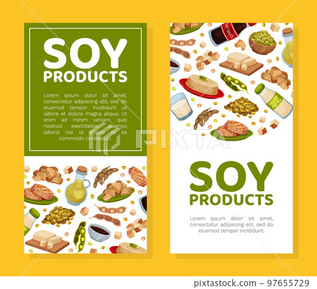 Natural Soy Products Banner Design with Soy Bean, Tofu and Sauce Vector Template Natural Soy Products Banner Design with Soy Bean, Tofu and Sauce Vector Template 97655729