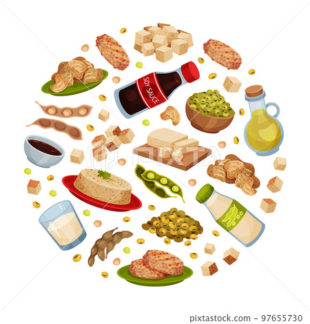 Natural Soy Products Round Composition Design with Soy Bean, Tofu and Sauce Vector Template 97655730