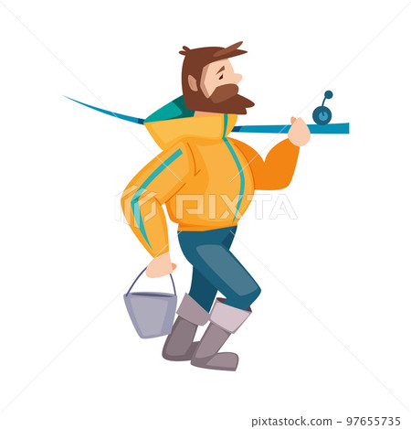 Bearded Fisherman Walking with Rod and Bucket Engaged in Capturing Fish Vector Illustration Bearded Fisherman Walking with Rod and Bucket Engaged in Capturing Fish Vector Illustration 97655735