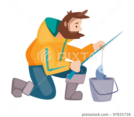 Bearded Fisherman Capturing Fish with Rod and Bucket Vector Illustration 97655736