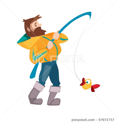Bearded Fisherman Spinning Rod Capturing Fish Vector Illustration 97655737