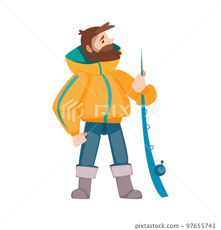 Bearded Fisherman Standing with Rod Engaged in Capturing Fish Vector Illustration 97655741