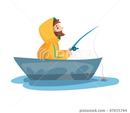 Bearded Fisherman on Board of Boat Capturing Fish with Rod Vector Illustration Bearded Fisherman on Board of Boat Capturing Fish with Rod Vector Illustration 97655744