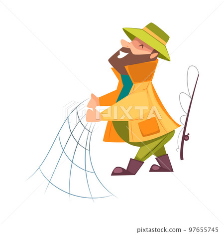 Bearded Fisherman Capturing Fish with Rod and Net Vector Illustration 97655745