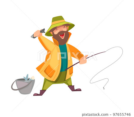Bearded Fisherman Capturing Fish with Rod and Bucket Vector Illustration 97655746
