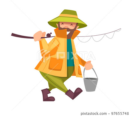 Bearded Fisherman Walking with Rod and Bucket Engaged in Capturing Fish Vector Illustration 97655748